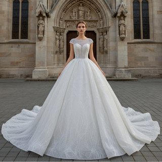 Modest Ball Gown Sparkly Wedding Dress with Keyhole Back