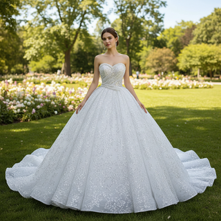 Gorgeous Beaded Pearls Wedding Dress Sweetheart Neck Bridal Gown