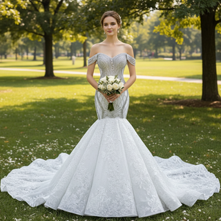 Luxury Beaded Lace Mermaid Wedding Dress with Off the Shoulder