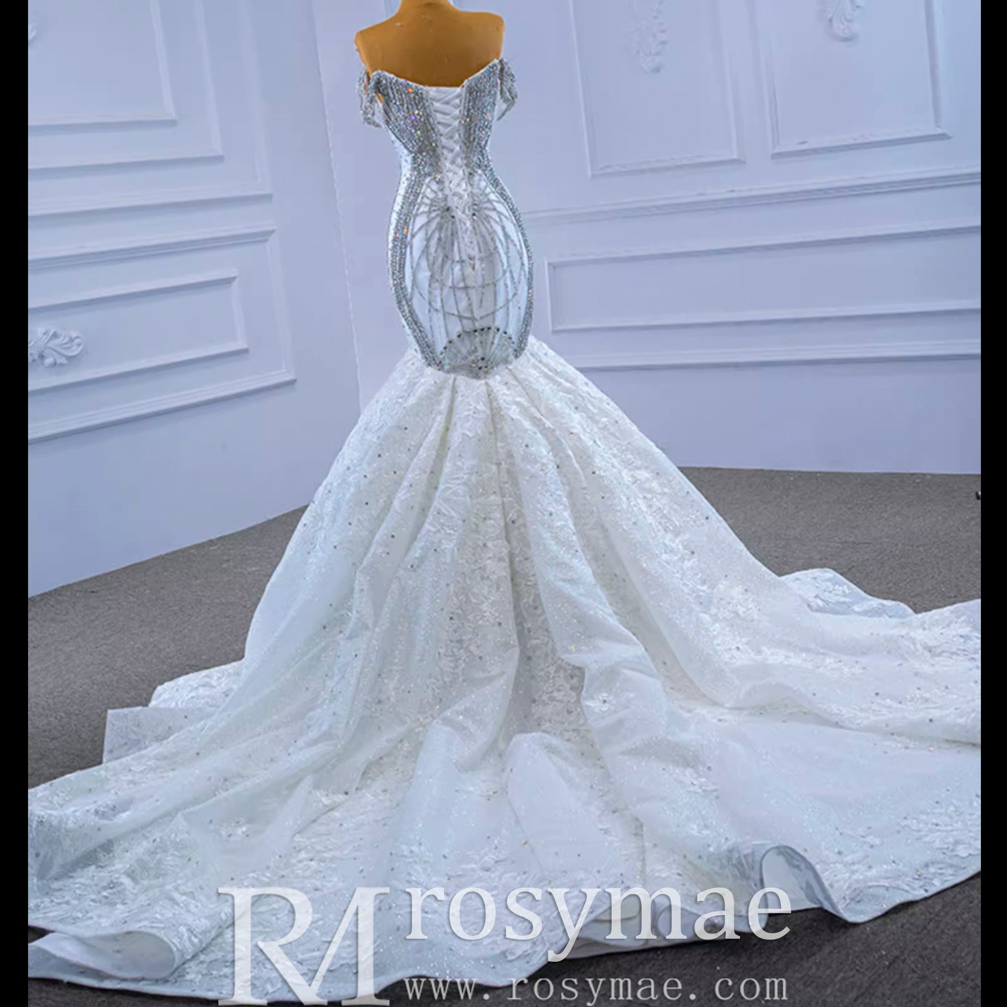 Luxury Beaded Lace Mermaid Wedding Dress with Off the Shoulder White / 28W Luxury Beaded Lace Mermaid Wedding Dress with Off the Shoulder White / 28W