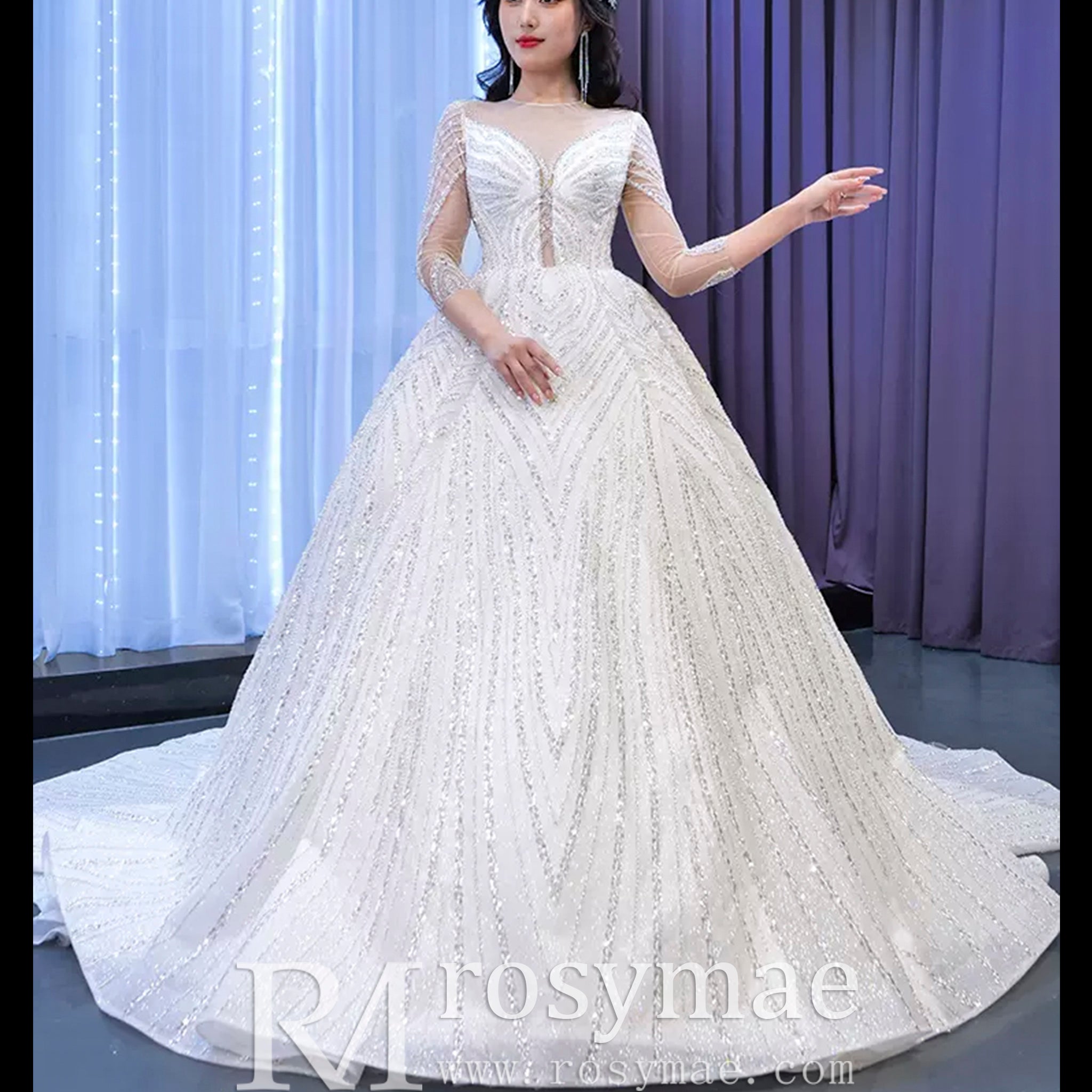 Luxury Beaded Sparkly Puffy Wedding Dress with Long Sleeves White / 28W Luxury Beaded Sparkly Puffy Wedding Dress with Long Sleeves White / 28W