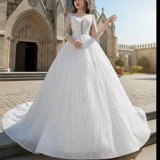 Luxury Beaded Sparkly Puffy Wedding Dress with Long Sleeves