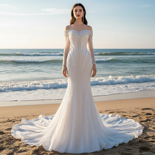 Pearl Beaded Mermaid Wedding Dress with Off the Shoulder Long Sleeves