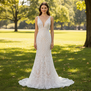 Luxury Plunging Neck Tank Straps Lace Mermaid Wedding Dress