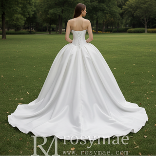Strapless Satin Ball Gown Wedding Dress with Basque Waist Voluminous Pleated Skirt