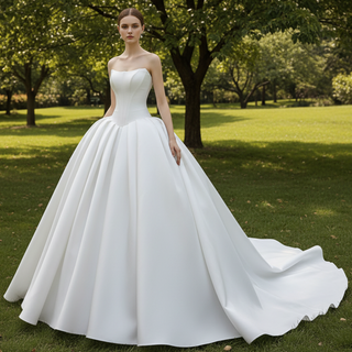 Strapless Satin Ball Gown Wedding Dress with Basque Waist Voluminous Pleated Skirt