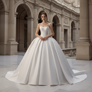 Strapless Satin Ball Gown Wedding Dress with Basque Waist Voluminous Pleated Skirt