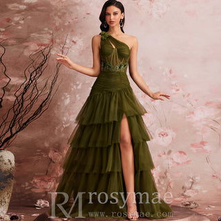 Luxury Skew-shouldered Cake Dress Luxury Sequin Slit Formal Evening Dress