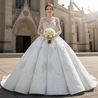 Luxury Sparkly Wedding Dress High Neck Modest Bridal Gown