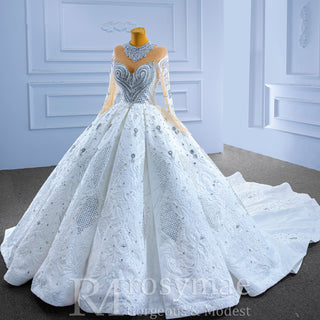 Luxury Sparkly Wedding Dress High Neck Modest Bridal Gown