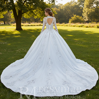 Luxury Sparkly Wedding Dress High Neck Modest Bridal Gown