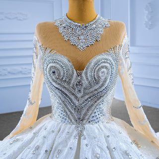 Luxury Sparkly Wedding Dress High Neck Modest Bridal Gown