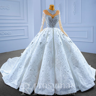 Luxury Sparkly Wedding Dress High Neck Modest Bridal Gown