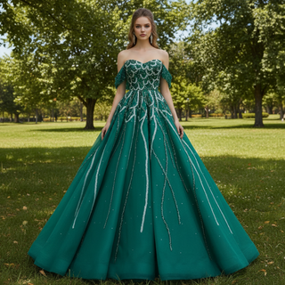 Spring Green Beaded Wedding Dress Off the Shoulder Quinceanera Gown