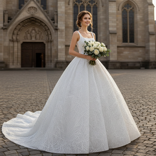 Square Neck Sparkly Ball Gown Wedding Dresses Beaded Bridal Gowns