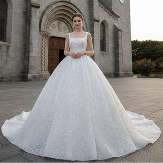 Square Neck Sparkly Ball Gown Wedding Dresses Beaded Bridal Gowns