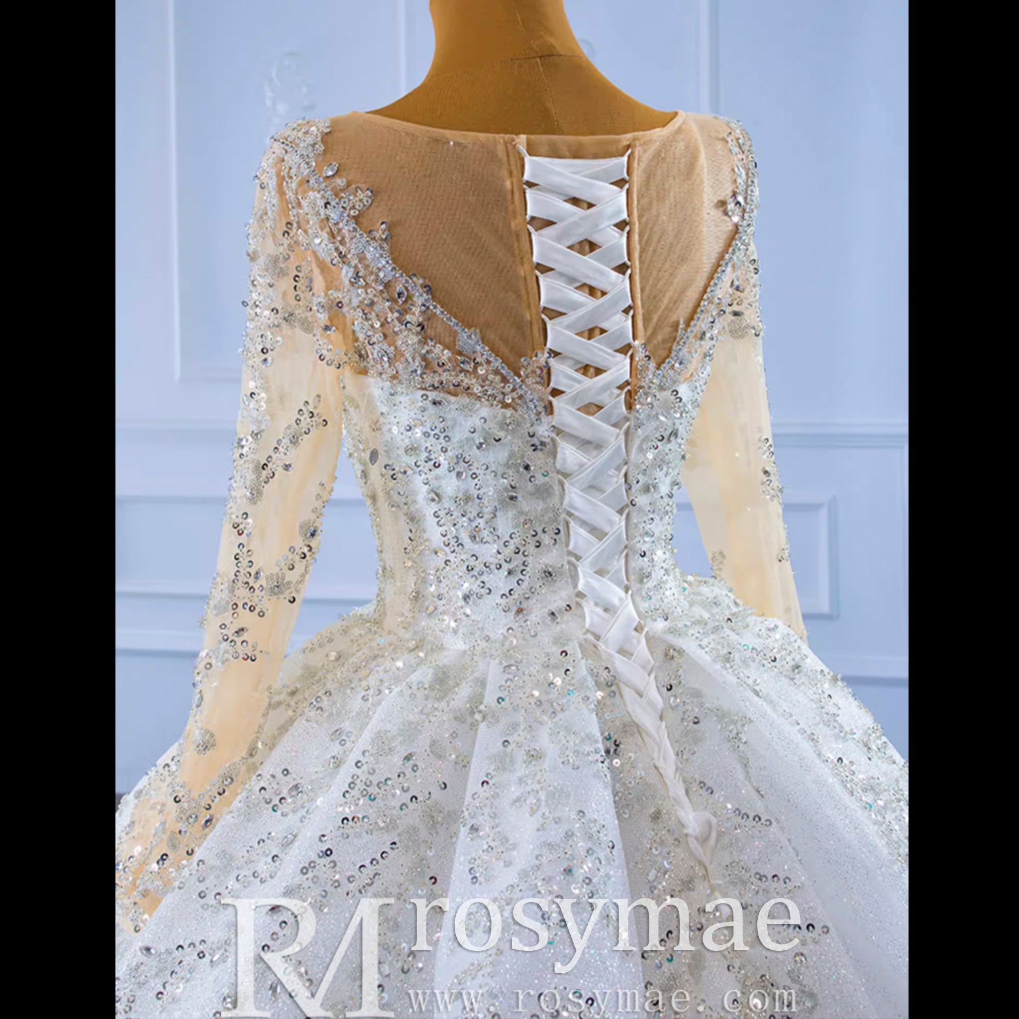 Sparkly Luxury Princess Puffy Wedding Dress with Long Sleeve Ivory / 28W Sparkly Luxury Princess Puffy Wedding Dress with Long Sleeve Ivory / 28W