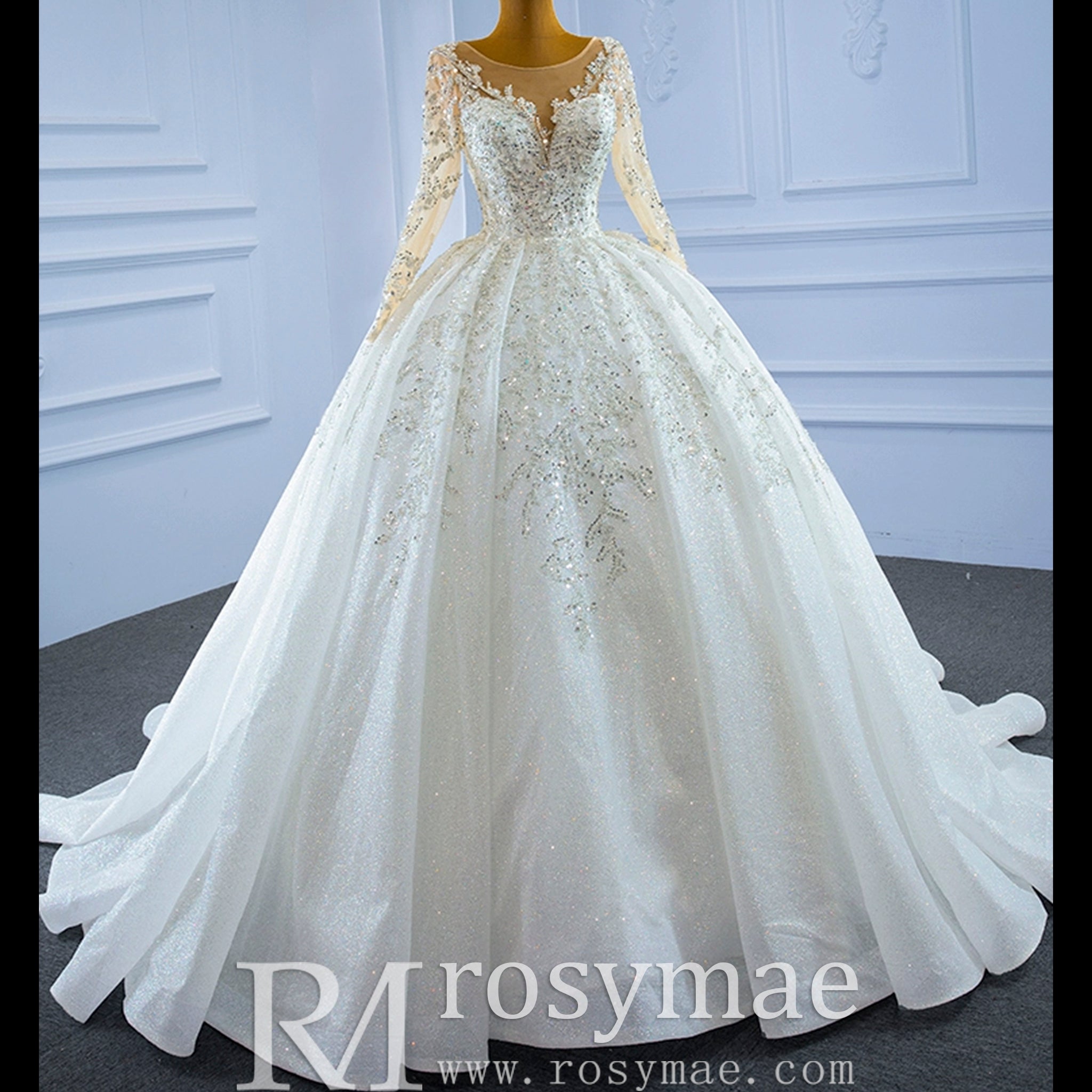 Sparkly Luxury Princess Puffy Wedding Dress with Long Sleeve Ivory / 28W Sparkly Luxury Princess Puffy Wedding Dress with Long Sleeve Ivory / 28W