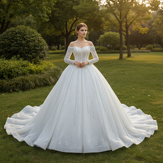Beaded Pearl Off Shoulder Ball Gown Wedding Dress with Long Sleeve