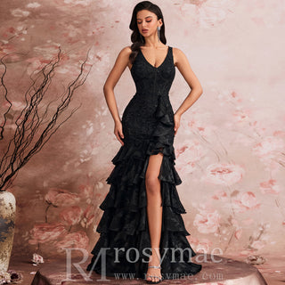 Luxury V-neck Cake Dress Luxury Sequins Slit Ruffle Formal Evening Dress