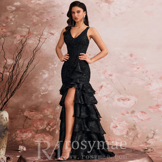 Luxury V-neck Cake Dress Luxury Sequins Slit Ruffle Formal Evening Dress