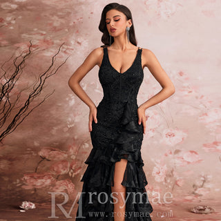 Luxury V-neck Cake Dress Luxury Sequins Slit Ruffle Formal Evening Dress
