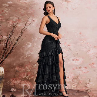 Luxury V-neck Cake Dress Luxury Sequins Slit Ruffle Formal Evening Dress