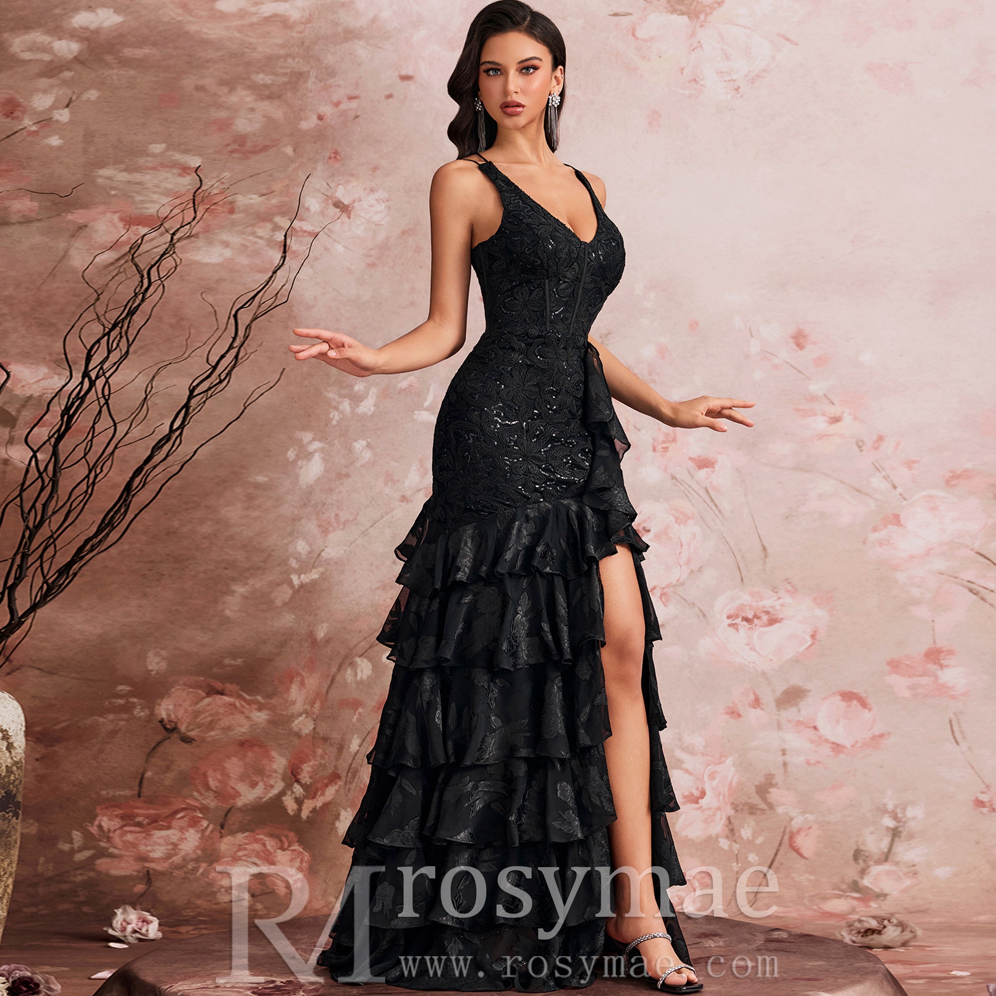 party dress luxury Luxury V-neck Cake Dress Luxury Sequins Slit Ruffle Formal Evening Dre – Rosymae