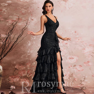 Luxury V-neck Cake Dress Luxury Sequins Slit Ruffle Formal Evening Dress
