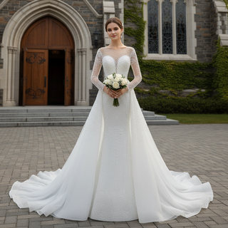 Beaded Pearls Mermaid Long Sleeves Wedding Dress with Overskirt