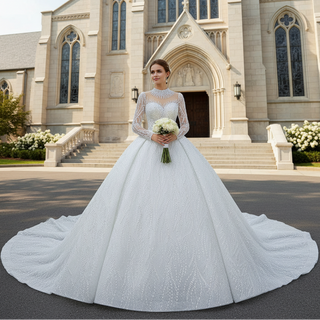 High Neck Puffy Skirt Ball Gown Wedding Dresses with Long Sleeve