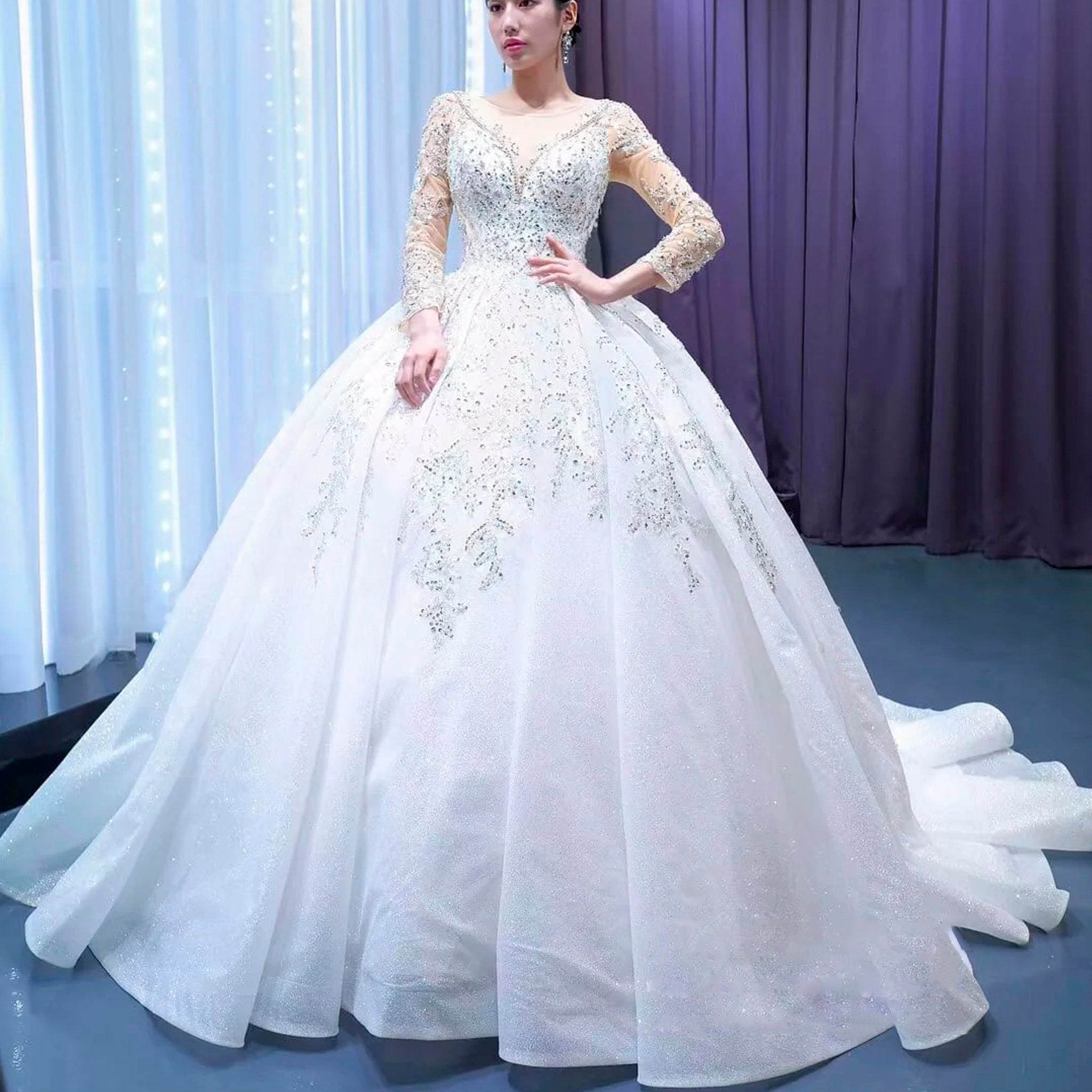 Sparkly Luxury Princess Puffy Wedding Dress with Long Sleeve White / 22w Sparkly Luxury Princess Puffy Wedding Dress with Long Sleeve White / 22w