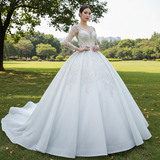 Sparkly Luxury Princess Puffy Wedding Dress with Long Sleeve