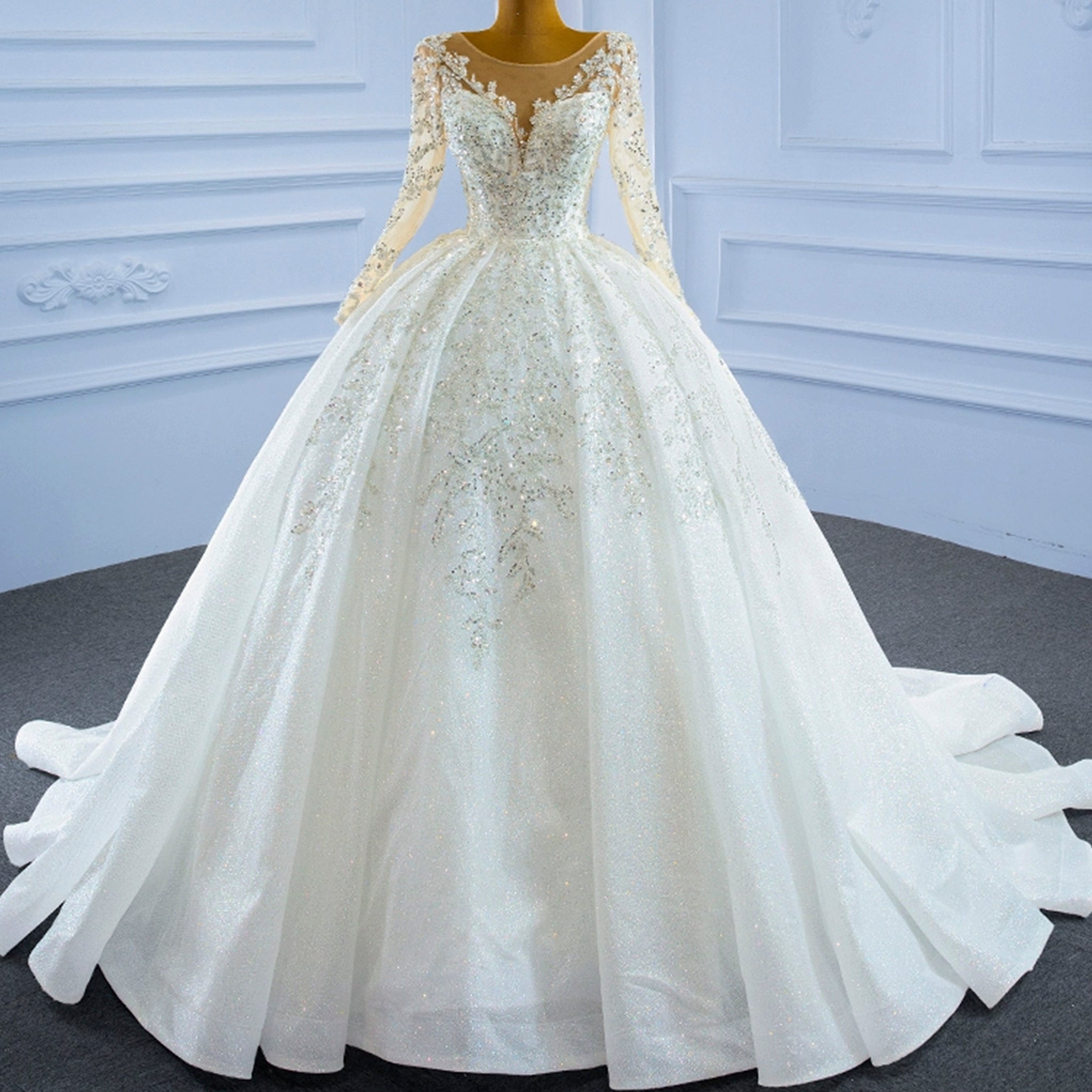 Sparkly Luxury Princess Puffy Wedding Dress with Long Sleeve Ivory / 28W Sparkly Luxury Princess Puffy Wedding Dress with Long Sleeve Ivory / 28W