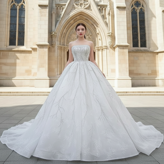Beaded Strapless Lace Ball Gown Puffy Wedding Dress