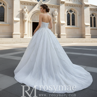 Beaded Strapless Lace Ball Gown Puffy Wedding Dress