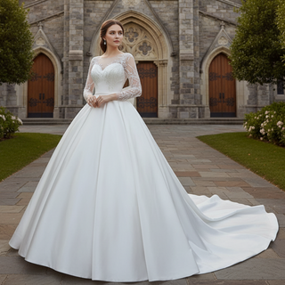 High  Back Long Sleeve Satin Ball Gown Wedding Dress with Long Bow