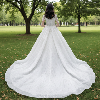 Luxury Beaded Sparkly Puffy Wedding Dress with Long Sleeves