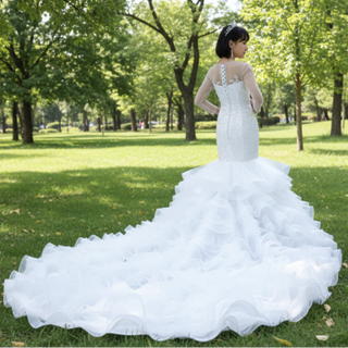 Luxury Mermaid Ruffle Wedding Dress with Long Sleeves