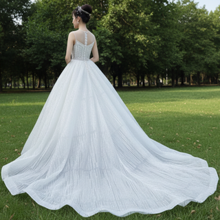 Luxury Strapless Sparkly Beaded Ball Gown Puffy Wedding Dress