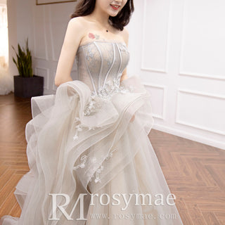 Strapless Beaded Lace Ruffle Country Wedding Dresses in Grey