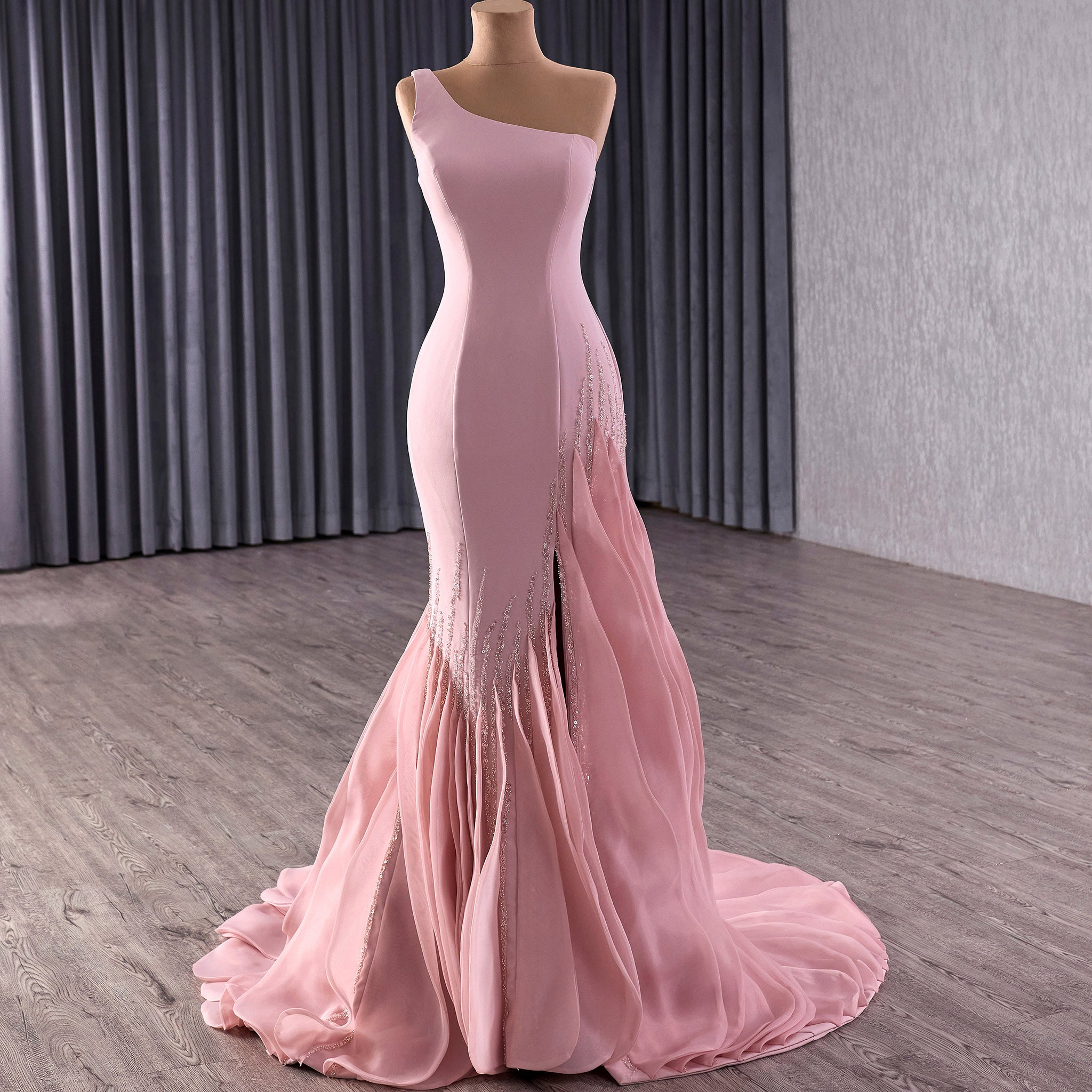 Ruffle Maxi Formal Gowns One Shoulder Blush Pink Prom Dresses with Leg Slit Blush / 18 Ruffle Maxi Formal Gowns One Shoulder Blush Pink Prom Dresses with Leg Slit Blush / 18