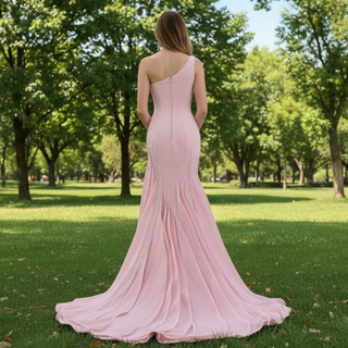 Ruffle Maxi Formal Gowns One Shoulder Blush Pink Prom Dresses