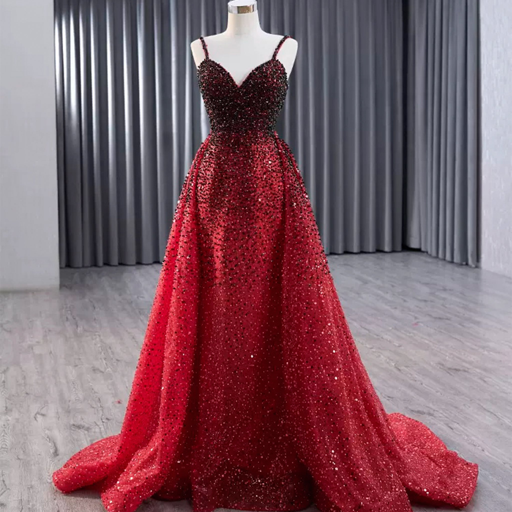 Mermaid Beaded with Removable Overskirt Prom Dress Spaghetti Strap Pag Rosymae Mermaid Beaded with Removable Overskirt Prom Dress Spaghetti Strap Pag Rosymae