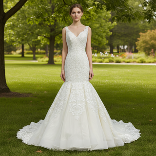 Trumpet V-neck Lace Applique with Beading Wedding Dress
