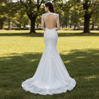 Mermaid Court Train Lace Tulle Wedding Dresses with Capped Sleeve Rosymae Mermaid Court Train Lace Tulle Wedding Dresses with Capped Sleeve Rosymae