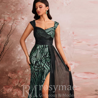 Mermaid Evening Gown Sparkle Prom Wedding Party Dress with Queen Ann Neck