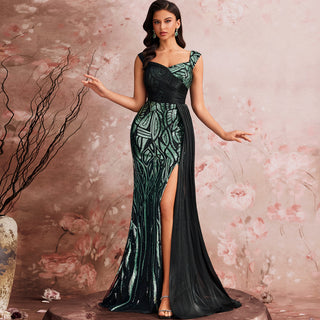 Mermaid Evening Gown Sparkle Prom Wedding Party Dress with Queen Ann Neck