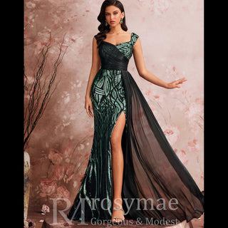 Mermaid Evening Gown Sparkle Prom Wedding Party Dress with Queen Ann Neck