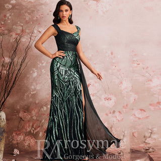 Mermaid Evening Gown Sparkle Prom Wedding Party Dress with Queen Ann Neck